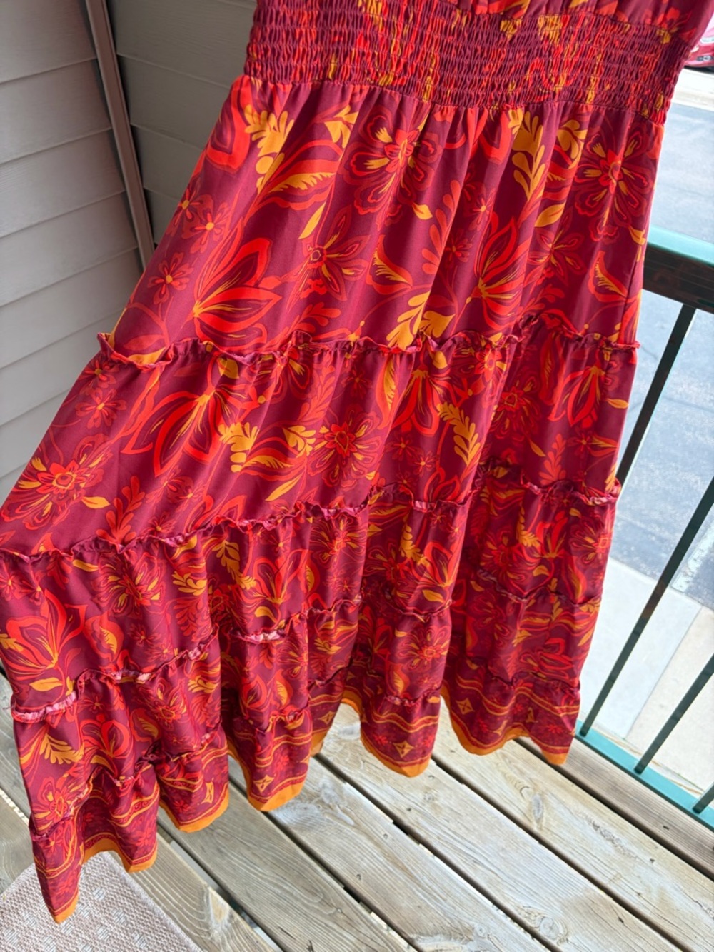 🆕🍎 Vince Camuto Boho Floral Maxi Dress Red Orange Tiered Size L Summer Flowy - Picture 6 of 16